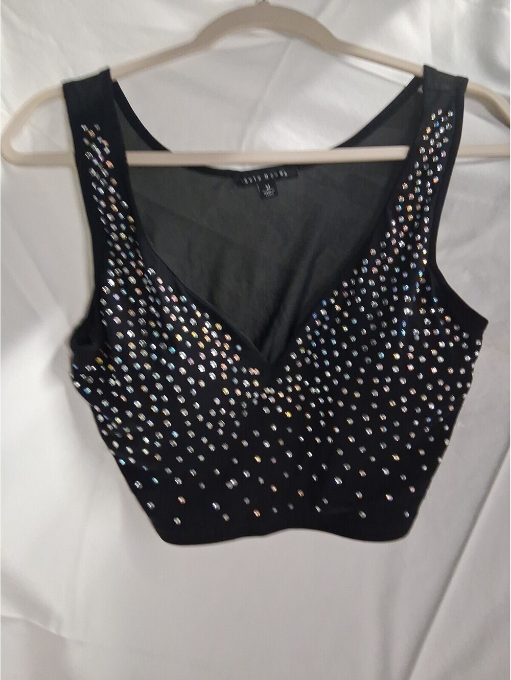 Haute Monde Black Rhinestone Mesh Halter Wireless Pullover Stretch Size M M2
